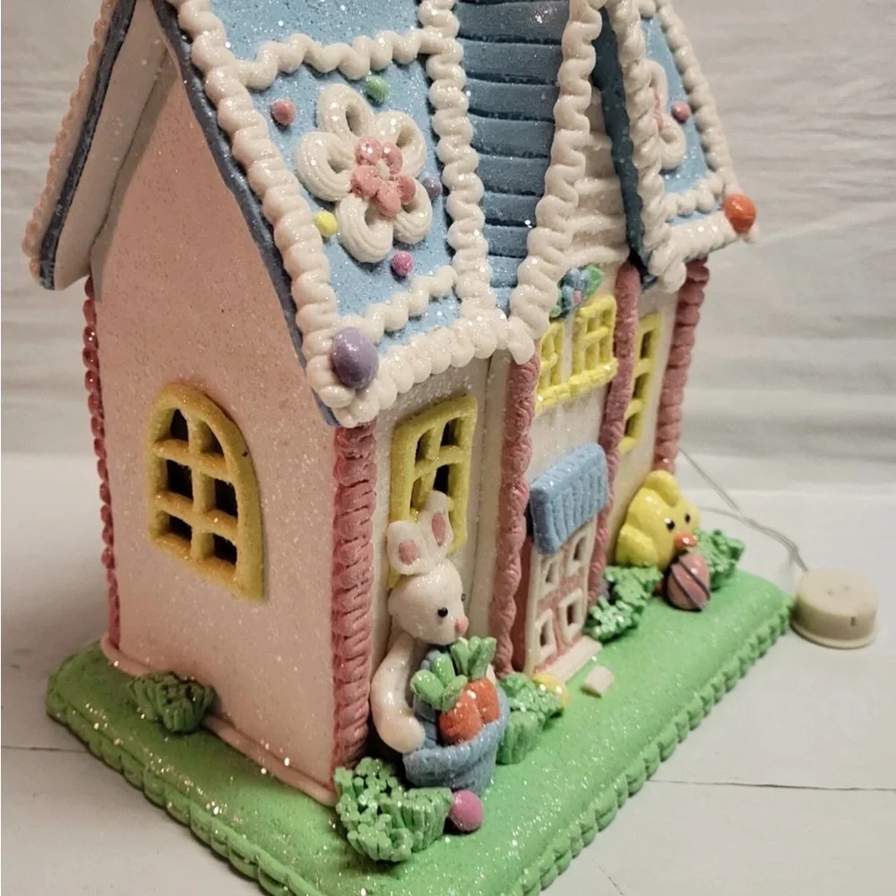 Easter Spring Clay Dough Light Up House 9” White Bunny In Glittered Gingerbread